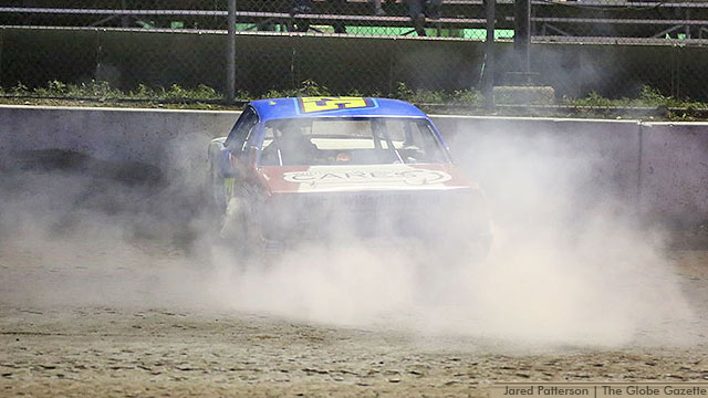 USRA Hobby Stock driver Weston Koop after winning Sunday's USRA Hobby Stock feature at Mason City Motor Speedway and wrapping up a track championship.